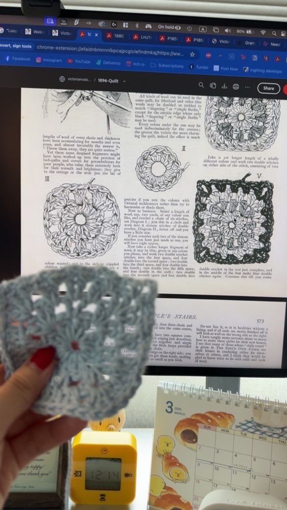 A computer screen showing a scan from a victorian era periodical on crochet patterns, and a hand holding an in-progress crochet project in the foreground.