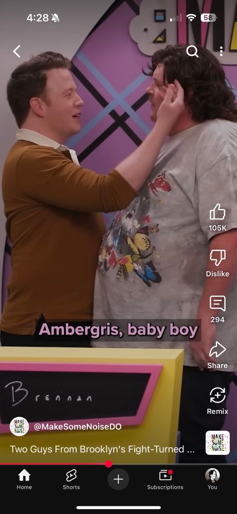 A screenshot of a Make Some Noise YouTube short reading “Ambergris, baby boy.”