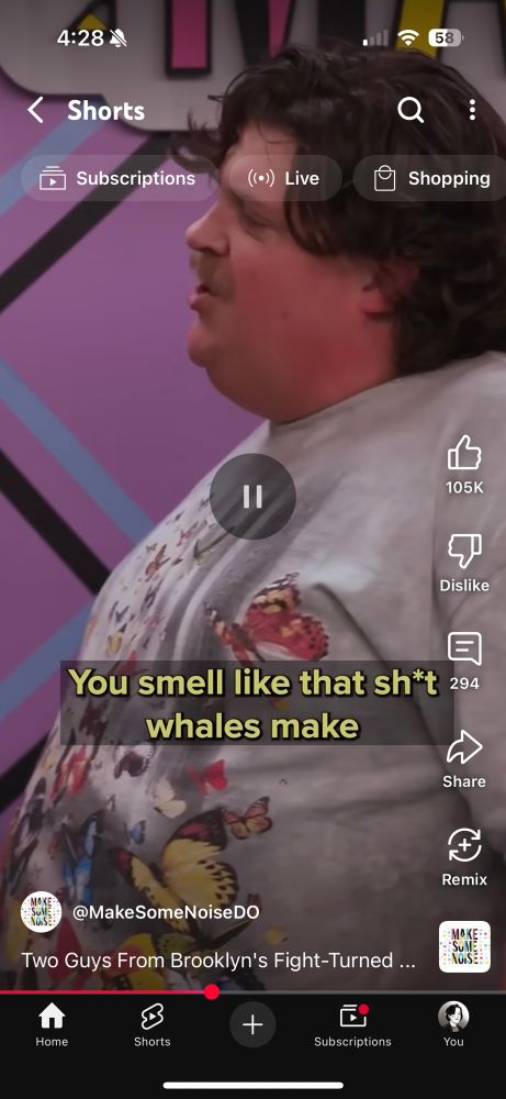 A screenshot of a Make Some Noise YouTube short reading “you smell like that sh*t whales make”