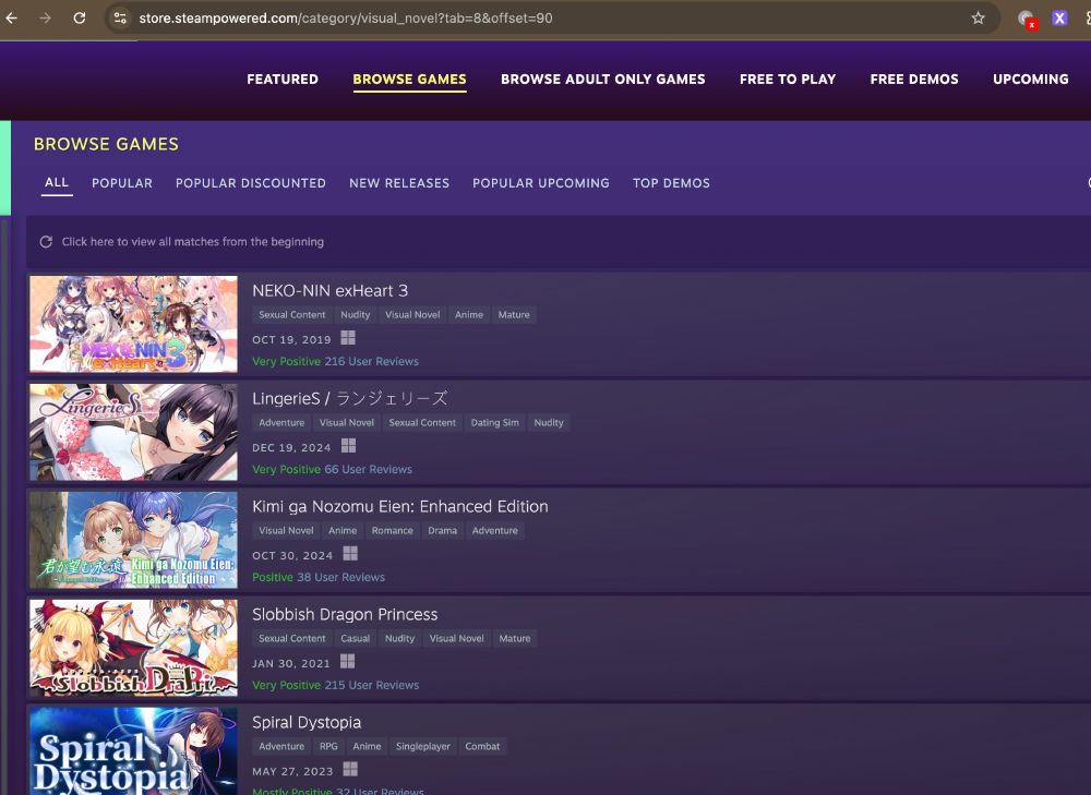 Steam Visual Novel Fest's Browse section, showing a list of games with no filtration options.