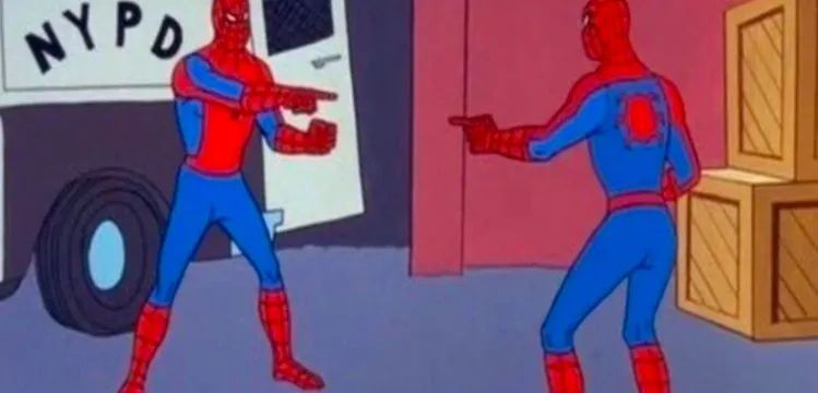 meme of spiderman pointing to another spiderman directly in front of him