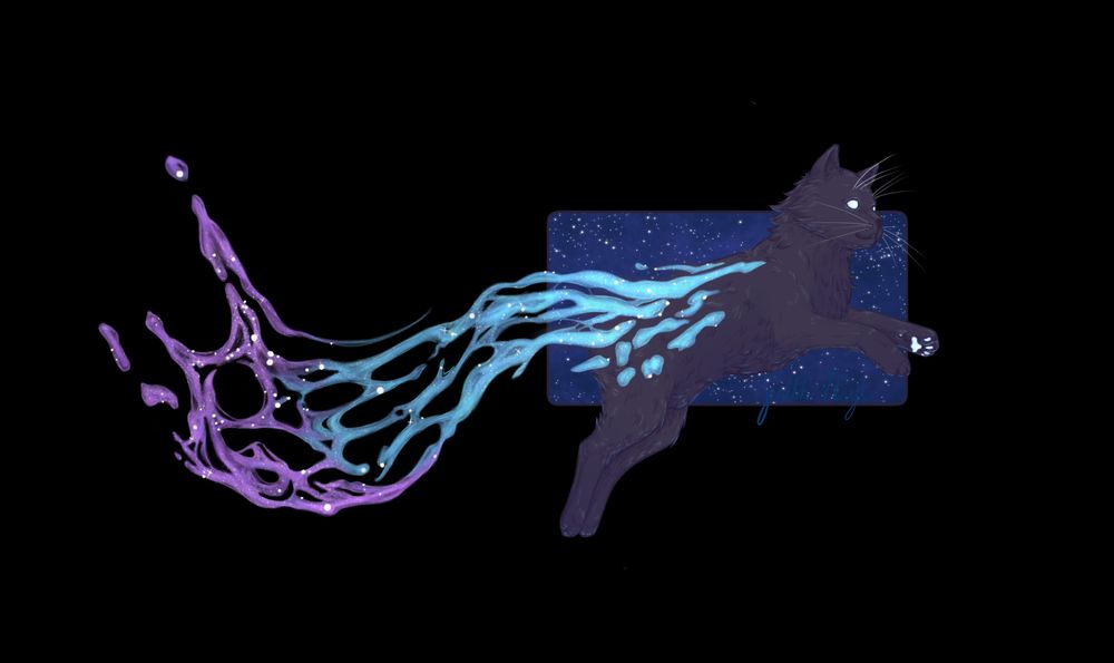 A black cat with medium fur jumping through space with glowing eyes and glowing paw pads. There is a blue and pink/purple galactic cloud trailing after the cat.