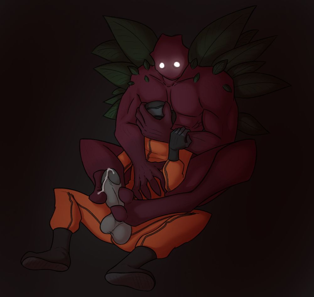 The Bracken and an Employee from Lethal Company together on the ground. The Bracken has the employee between his legs, giving them a footjob while grabbing their head with one hand and torso with the other. The employee looks confused. 
