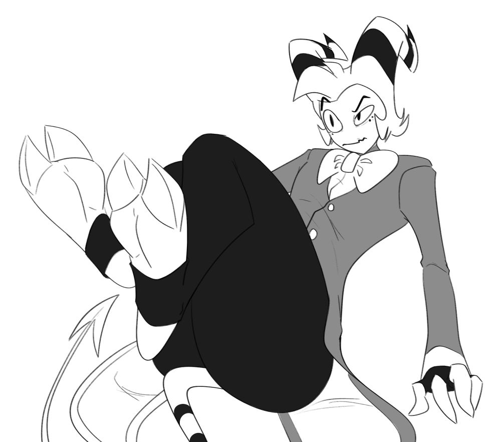 Moxxie from Helluva Boss on the floor with a confused look and his hooves lifted up in the air.