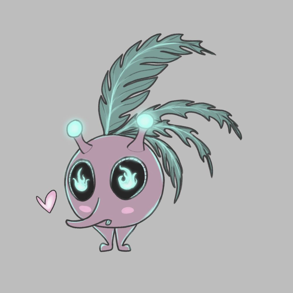 Full body drawing of MicahDoesArtWow’s character Gregori. 

Purple round radish like body with a long nose, a pair of legs, antennas, and leaves sprouting from head. 

Blue glowing flames for pupils. 

Antennas also have a blue glow. 
