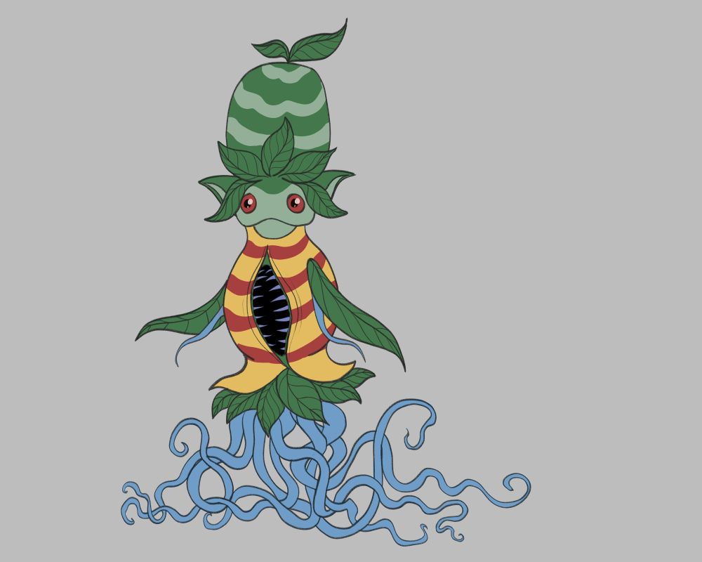 Full body drawing of Shadows-N-Stars plant character Umbrim. 

Torso is yellow with red stripes and a venus fly trap like mouth.

Head is light green with pointed ears and leaves emerging from their forehead.

They have red eyes.

There is a large dark green fruit with light green stripes sitting on top of their head. 

Arms are stiff leaf like structures each with a blue vine. 

Leaves at bottom of torso with a bunch of blue vines in place of legs. 

