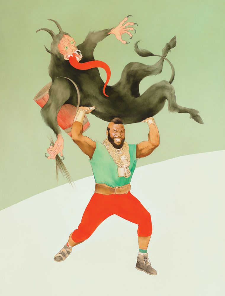 Mr. T lifting Krampus high above his head before throwing him into the stratosphere.