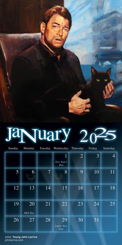 The first month of the 2025 Jonathan Frakes calendar features a painting by John Larriva of Jonathan Frakes stroking a black cat.