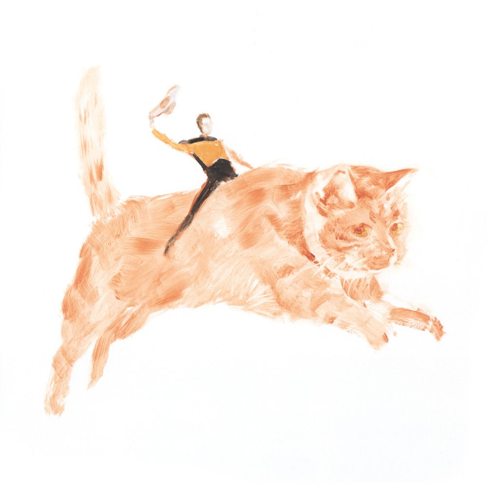 A little painting of Data riding spot like a cowboy.