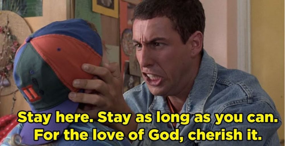 A picture from the film Billy Madison. Adam Sandler is smushing a young kids face with an intense look on his own. It’s a mix of anger and fear. Bottom text reads: Stay here. Stay as long as you can.
For the love of God, cherish it.