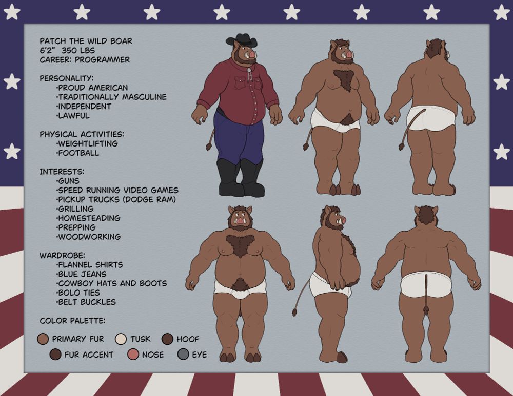 A reference sheet for a large anthro boar called Patch, 6 foot 2 inches tall, 350 pounds. The photo shows Patch from several angles showing a muscular boar with a prominent round belly

The image also contains the following text:

Career: programmer

Personality: proud American, traditionally masculine, independent, and lawful.

Physical activities: weightlifting and American football

Interests: Guns, speed running video games, pickup trucks, grilling, homesteading, prepping, and woodworking

Wardrobe: Flannel shirts, blue jeans, cowboy hats and boots, bolo ties, and belt buckles
