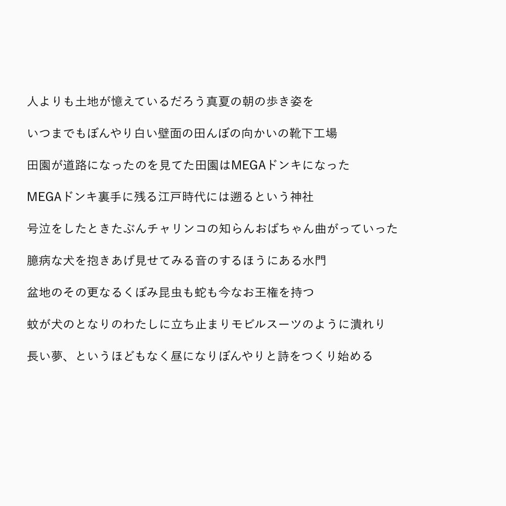 以下の短歌9首を記載した画像。

人よりも土地が憶えているだろう真夏の朝の歩き姿を
いつまでもぼんやり白い壁面の田んぼの向かいの靴下工場
田園が道路になったのを見てた田園はMEGAドンキになった
MEGAドンキ裏手に残る江戸時代には遡るという神社
号泣をしたときたぶんチャリンコの知らんおばちゃん曲がっていった
臆病な犬を抱きあげ見せてみる音のするほうにある水門
盆地のその更なるくぼみ昆虫も蛇も今なお王権を持つ
蚊が犬のとなりのわたしに立ち止まりモビルスーツのように潰れり
長い夢、というほどもなく昼になりぼんやりと詩をつくり始める