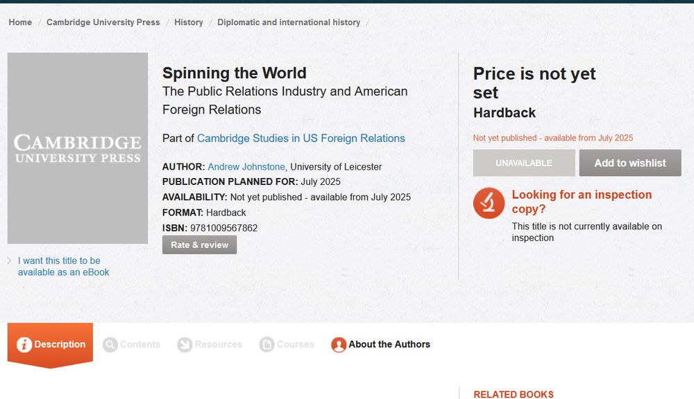 A screenshot of the Cambridge University Press webpage for my forthcoming book, Spinning the World