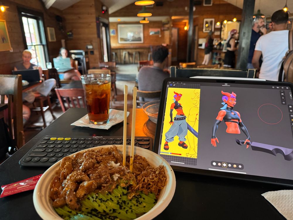 Cafe shot of a red demoness wielding a sword while wearing street clothes with a bowl of chicken teriyaki.