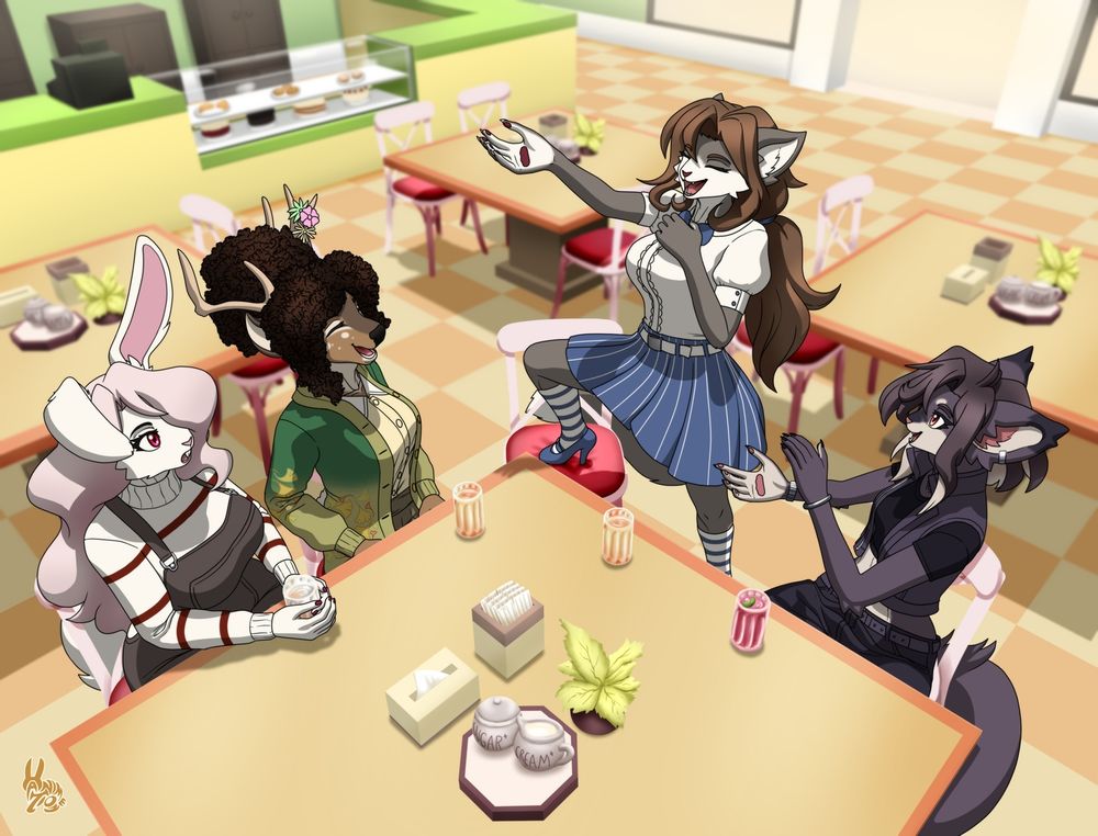 A feminine anthropomorphic white rabbit with hot pink eyes and long wavy pearlescent hair, an anthropomorphic trans woman deer with thick frizzy dark brown hair, an anthropomorphic grey non-binary cat with brown hair, and an anthropomorphic dark grey genderfluid cat with black and cream hair are all sat at a table in a café.

The brown haired cat is stood with one foot on their chair, showing off their voice acting prowess while the black haired cat claps and the deer and rabbit look towers them impressed.