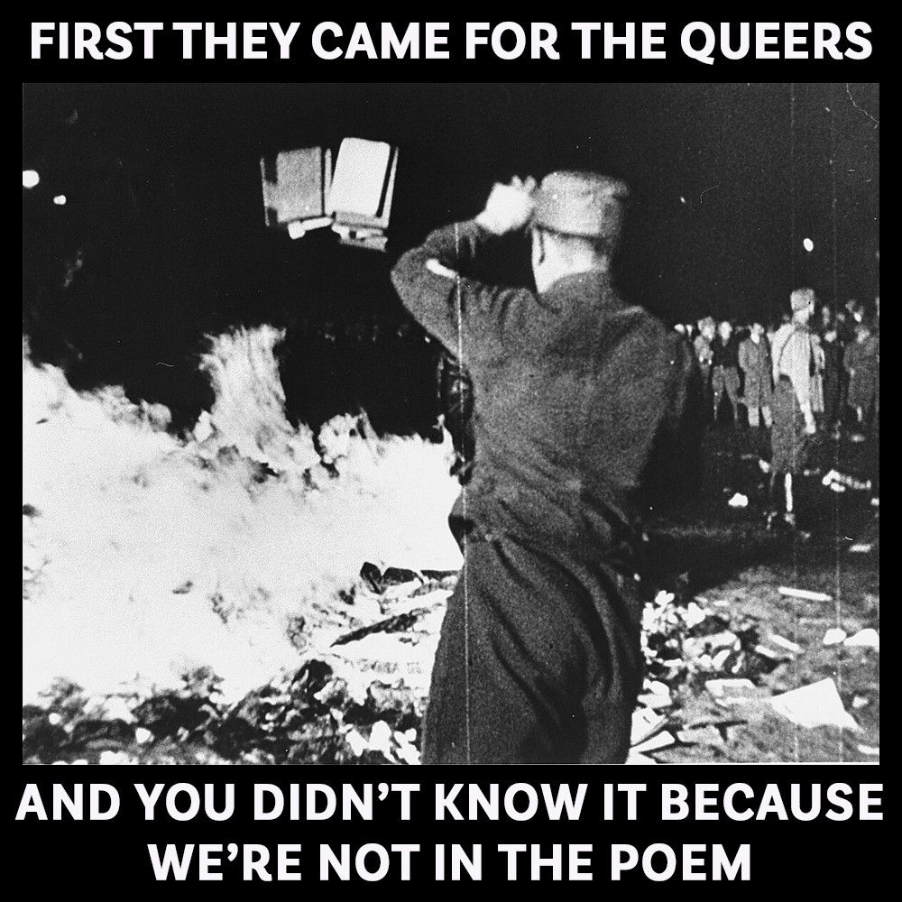 Image of Nazis burning books from the Institute of Sexual Studies with text:
"First they came for the queers and you didn't know it because we're not in the poem"