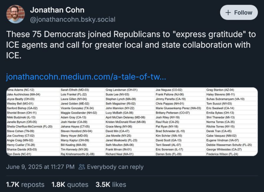 Jonathan Cohn
‪@jonathancohn.bsky.social‬
These 75 Democrats joined Republicans to "express gratitude" to ICE agents and call for greater local and state collaboration with ICE. 

jonathancohn.medium.com/a-tale-of-tw...
June 9, 2025 at 11:27 PM
1.7K reposts
1.8K quotes
3.5K likes