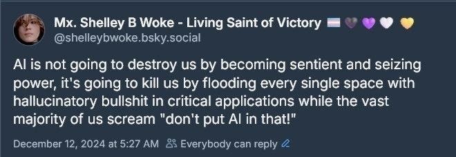 mx. Shelley B Woke - Living Saint of Victory 🏳️‍⚧️🖤💜🤍 💛
‪@shelleybwoke.bsky.social‬
AI is not going to destroy us by becoming sentient and seizing power, it's going to kill us by flooding every single space with hallucinatory bullshit in critical applications while the vast majority of us scream "don't put AI in that!"
December 12, 2024 at 5:27 AM