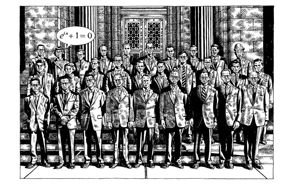 Pen & ink drawing of the 1963 Brown University Math Department.