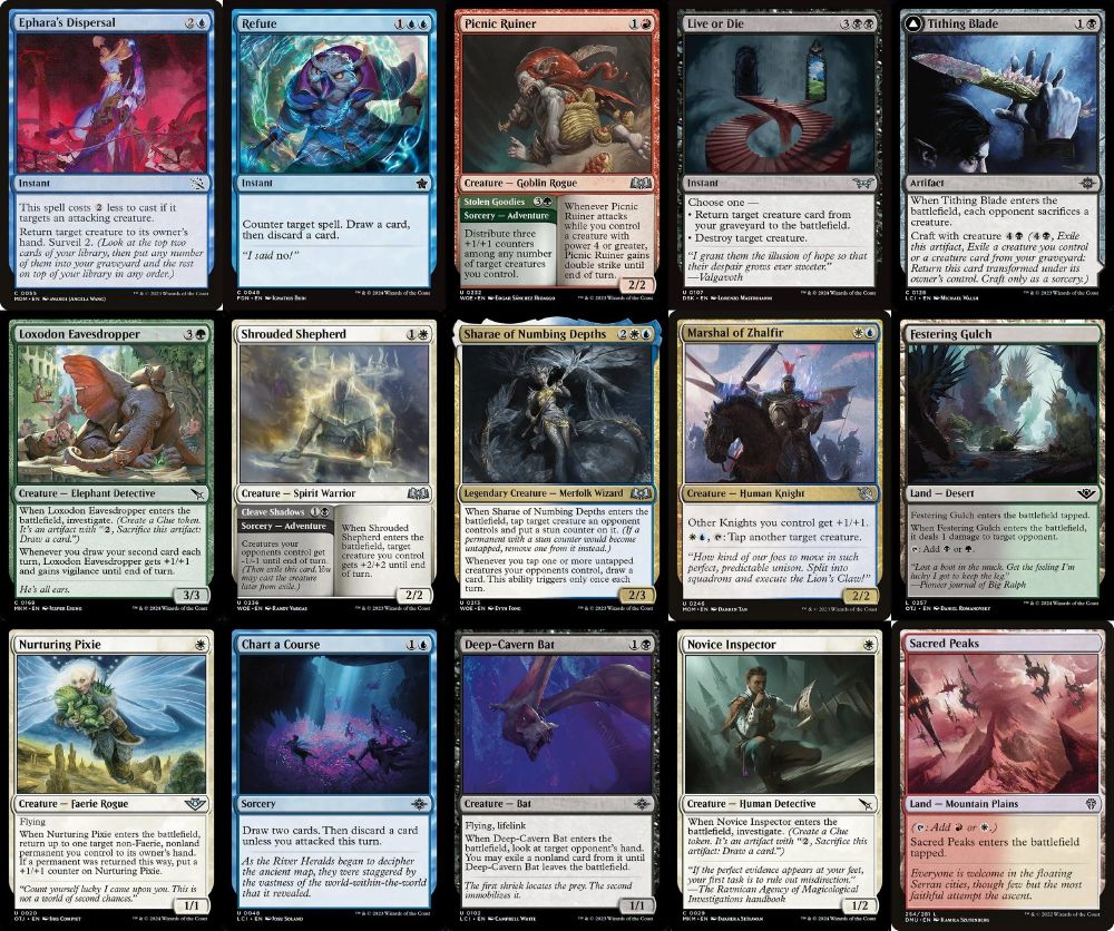 Grid of 15 Magic Cards
Top Row: Ephara's Dispersal, Refute, Picnic Ruiner, Live or Die, and Tithing Blade
Middle Row: Loxodon Eavesdropper, Shjrouded Shepherd, Sharae of Numbing Depths, Marshal of Zalfir, and Festering Gulch
Bottom Row: Nurturing Pixie, Chart a Course, Deep-Cavern Bat, Novice Inspector, and Sacred Peaks