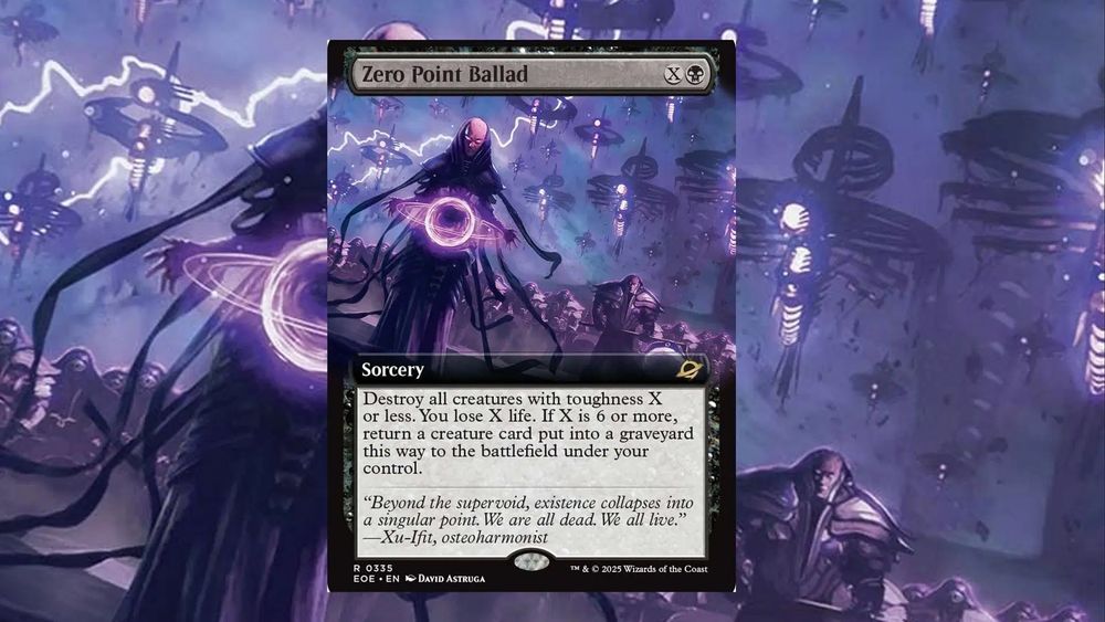 Magic the Gathering Card:

Zero Point Ballad {X}{B}
Sorcery
Destroy all creatures with toughness X or less. You lose X life. If X is 6 or more, return a creature card put into a graveyard this way to the battlefield under your control.