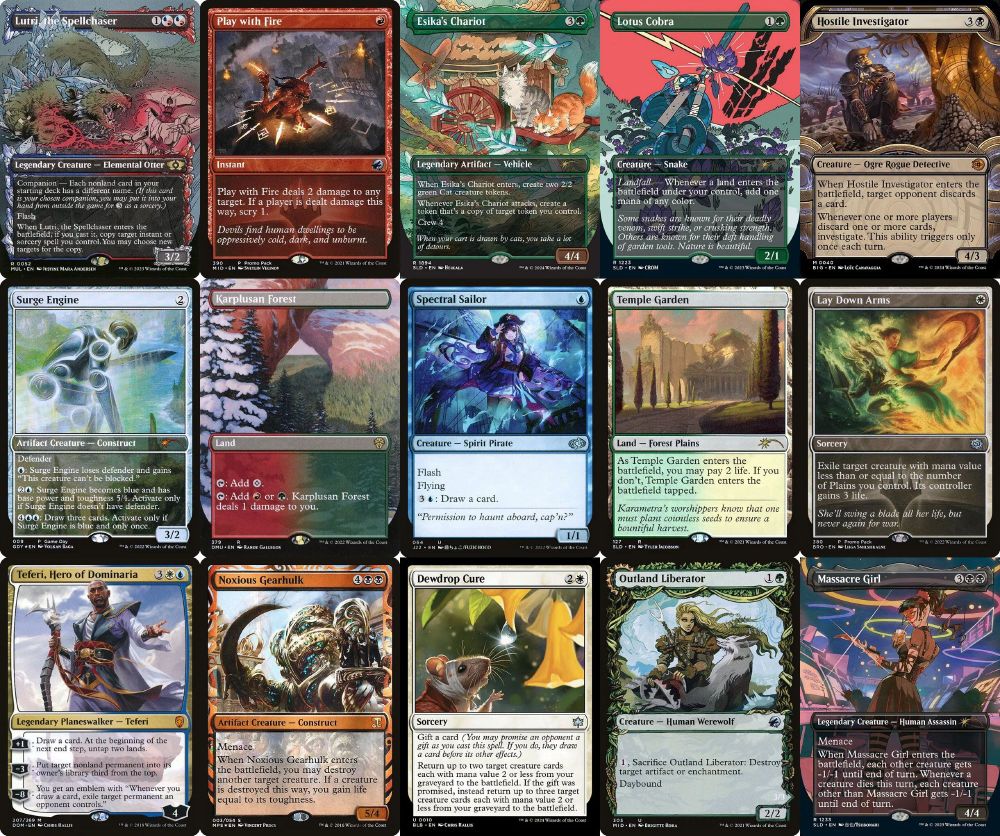 Grid of 15 Magic the Gathering Cards
Top Row: Lutri, the Spellchaser, Play with Fire, Esika's Chariot, Lotus Cobra, and Hostile Investigator
Middle Row: Surge Engine, Karplusan Forest, Spectral Sailor, Temple Garden, and Lay Down Arms
Bottom Row: Teferi, Hero of Dominaria, Noxious Gearhulk, Dewdrop Cure, Outland Liberator, and Massacre Girl