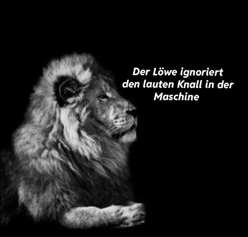 Ein Bild von einem Löwen auf schwarzem Hintergrund, daneben der Text „Der Löwe ignoriert den lauten Knall der Maschine“ 