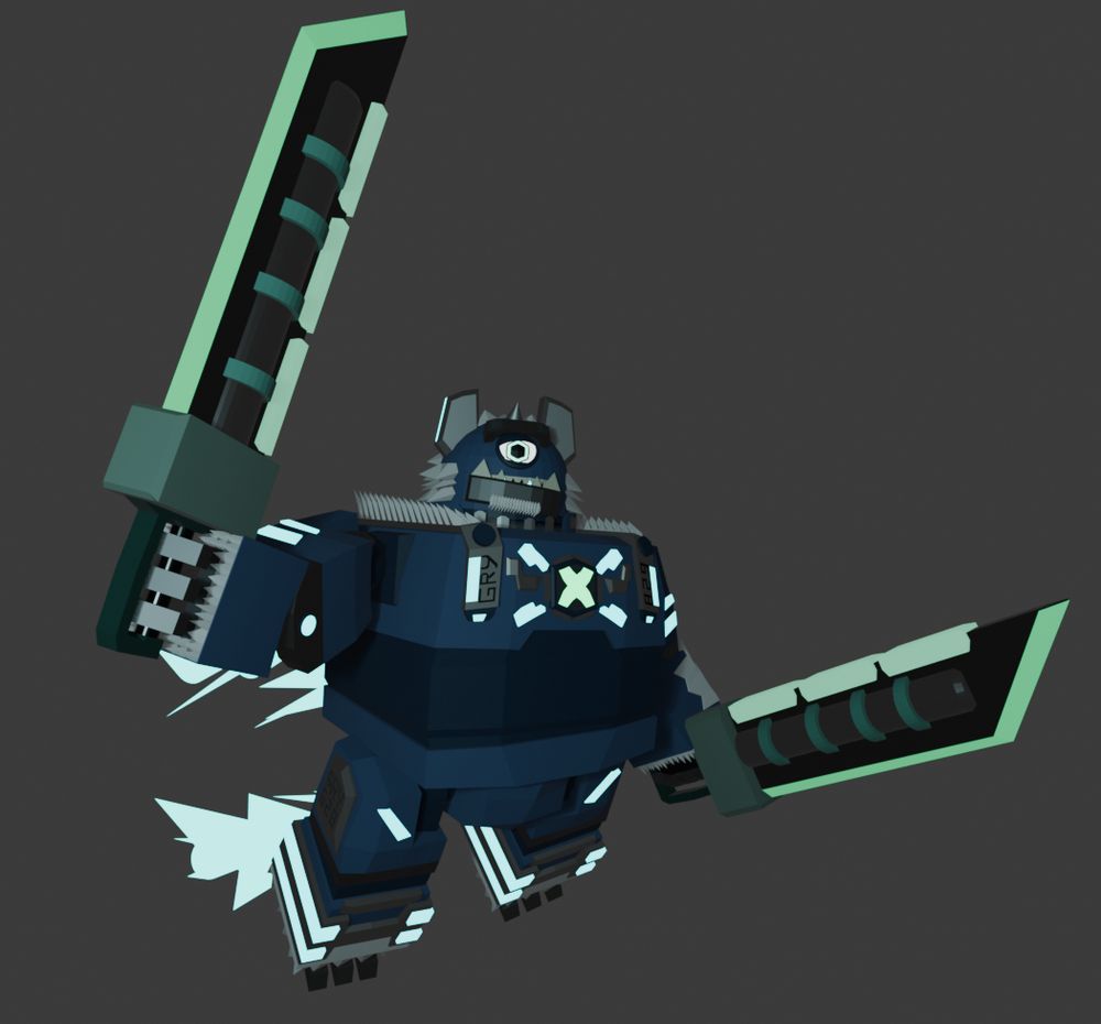 a robot cyclops with two great swords and hovering