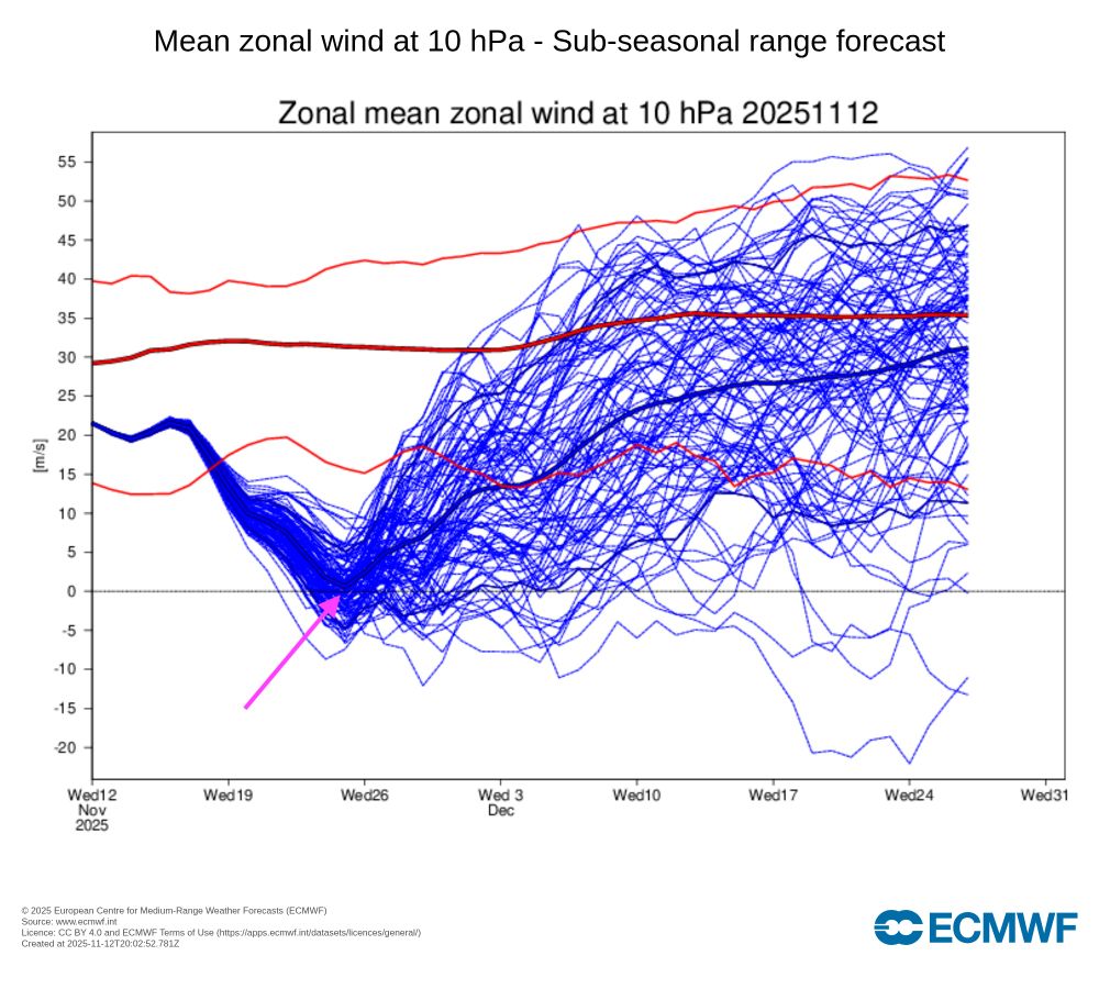 ECMWF 10 hPa 60°N zonal-mean zonal wind ensemble plume from 12 Nov 2025