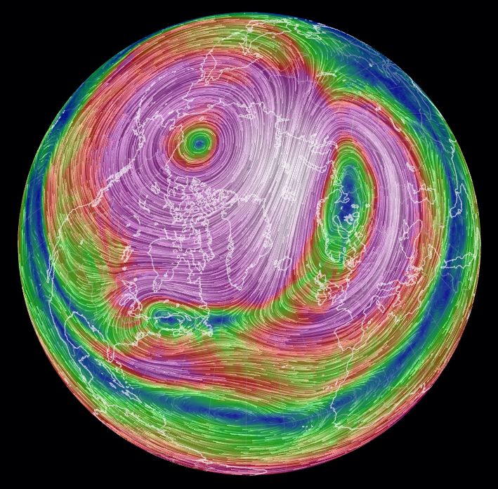 A view of the Northern Hemisphere winds at 10 hPa, with the cyclonic polar vortex shrunken and displaced to over Fennoscandia, and a large anticyclone dominating most of the Arctic