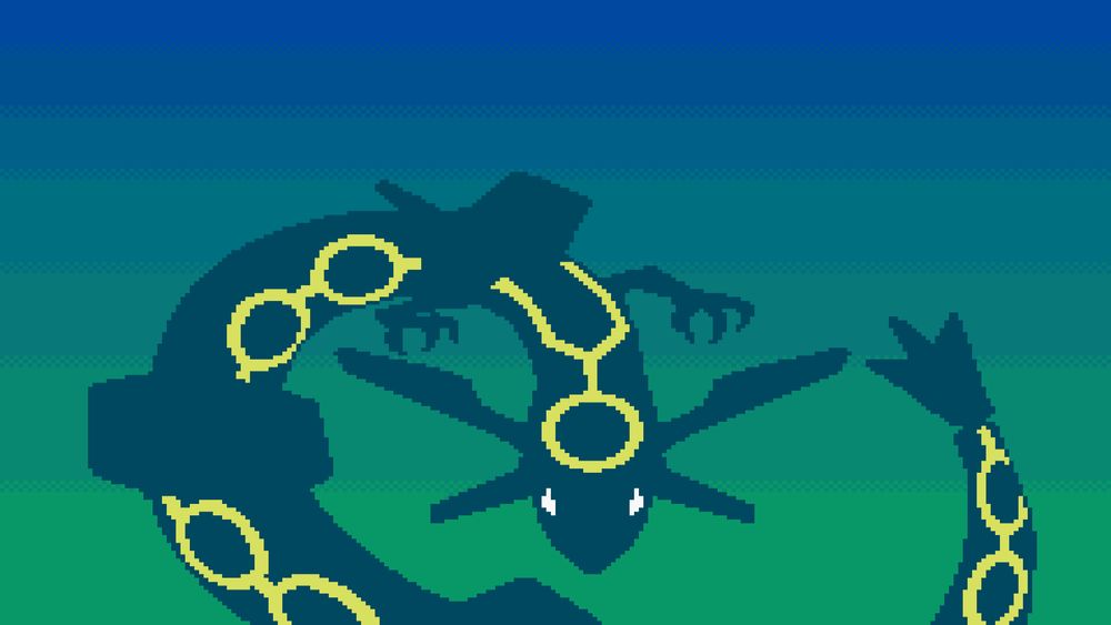 a shadowy silhouette of Rayquaza with his yellow ring pattern on its body glowing in front of a gradient green to blue background