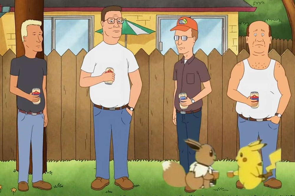 A screenshot from King of the Hill, containing four characters standing and drinking beer, and Pikachu and Eevee holding cups of juice where pasted on the bottom of the image.
