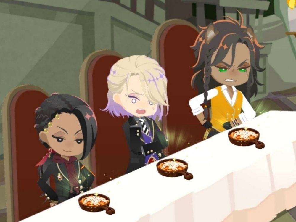 Three characters from twisted wonderland stare down at a perfectly good meal in disgust. Leona growls at the meal lacking meat, Vil looks traumatized by the spicy dish, and only Jamil is brave enough to give this succulent free meal a try. He gave me a 2 out of ten as the other two push their plates away like boys being told to eat their broccoli.