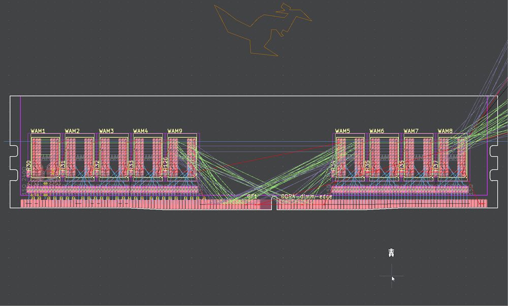A screenshot of a work-in-progress DDR4 DIMM module in the KiCad PCB editor.
