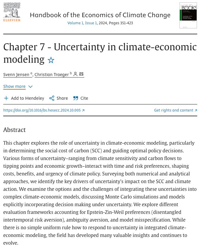 Screenshot of title and abstract of handbook chapter "Uncertainty in climate-economic modeling" by Svenn Jensen and Christian Traeger in the Handbook of the Economics of Climate Change