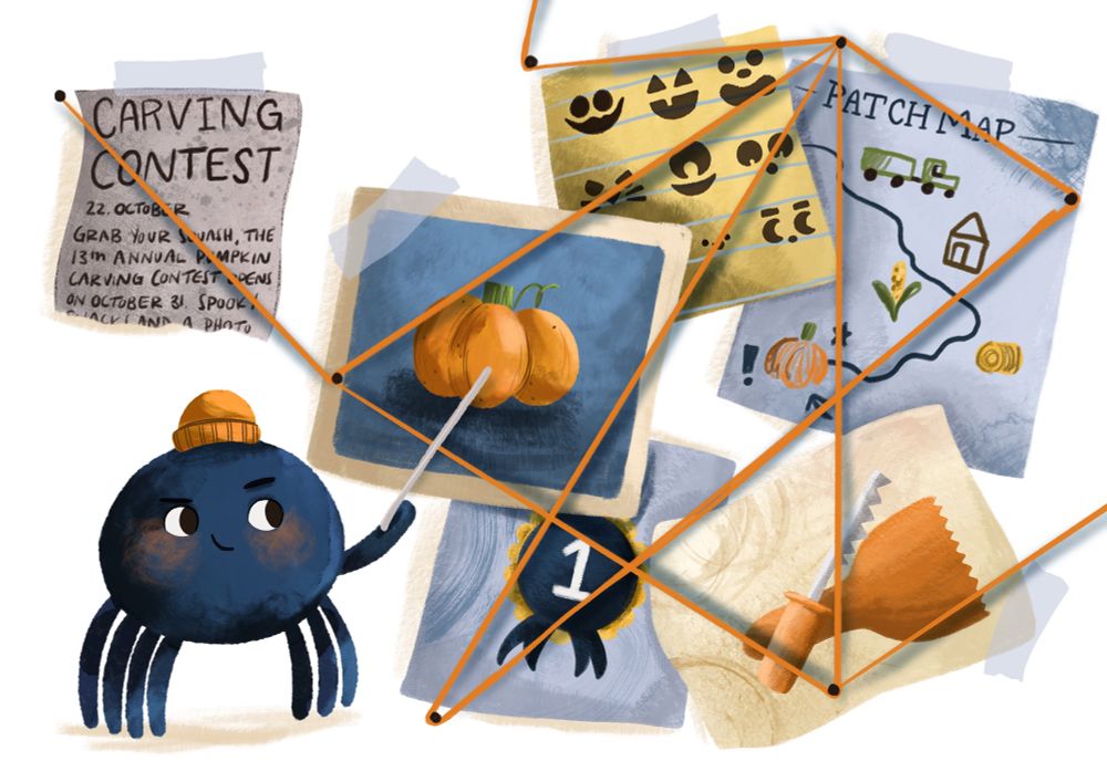 An illustrated spider planning a perfect pumpkin carving concept.