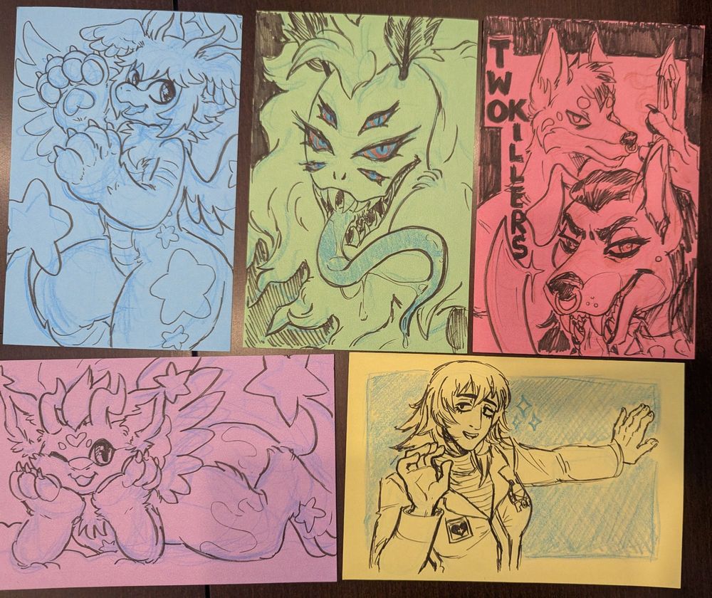 Illustrations on index cards drawn in pencil crayon and ink. Left to right, top to bottom: Seraph the kawaii-ass chibi angelic dwagon thingy, Vale the sexy twisted moth mama, two hot dogs named Jay and Kenneth with knives a la Scream (text says "Two Killers"), Kharmiel the so fucking cute fwuffy dwagon thingy, and Anya Mouthwashing the human icon in the Joetastic pose (one arm bent, one arm straight out, charming). 
