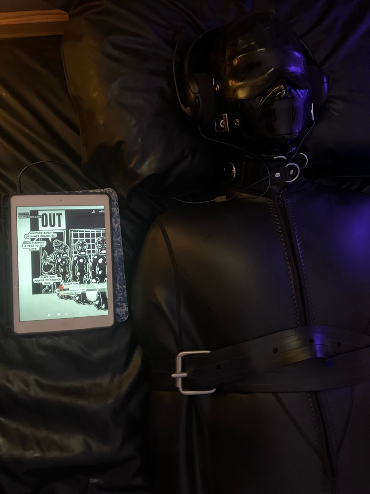Close up of the head of the gimp in the sleepsack. He has a blindfold and mouth covering buckled over his hood. He is wearing headphones. Beside him is an iPad playing a drone programming hypnosis track.  