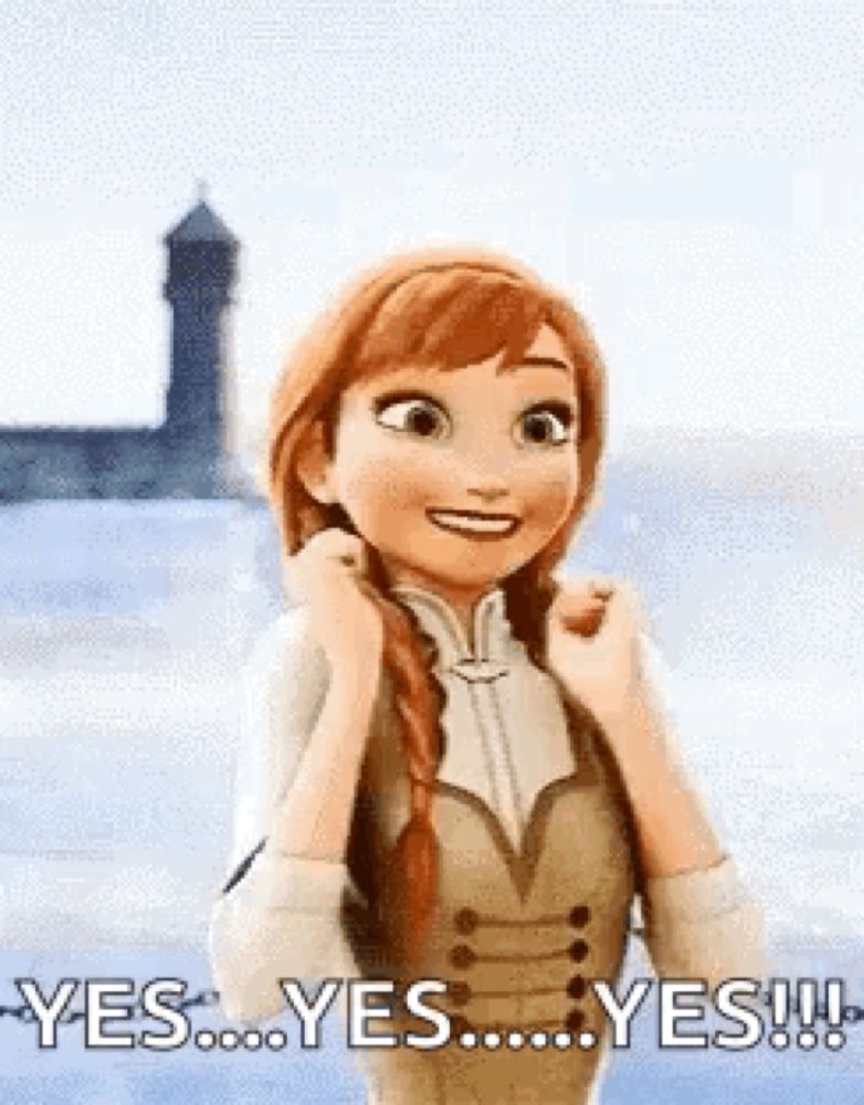 anna from frozen is smiling and holding her hair while standing in front of a body of water .