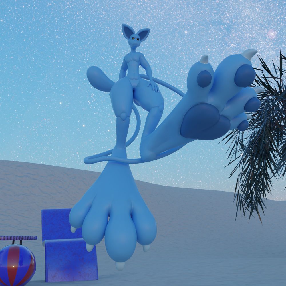 A lanky, Anthro Mew floating. He's colored mostly blue with dark blue pawpads and ear inserts, black sclara and yellow heart shaped iris. He has enormous paws, one of which he's kicking up with splayed toes to show off.