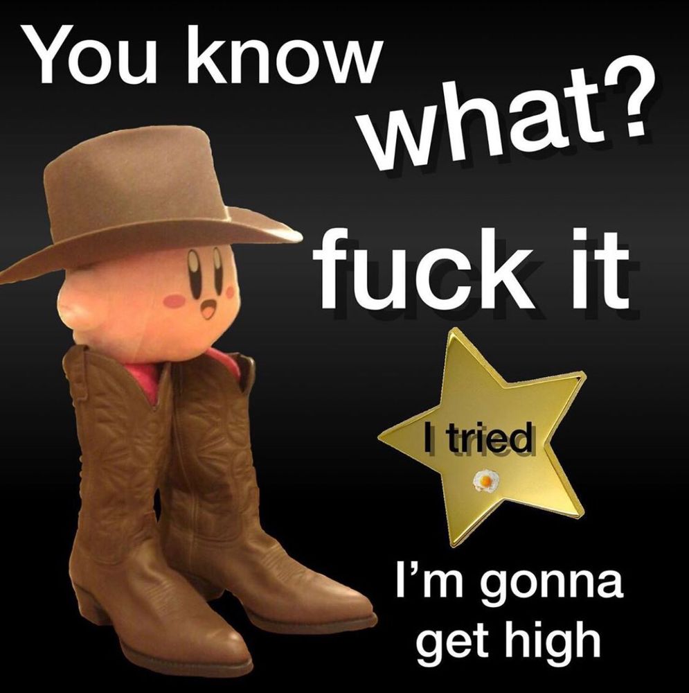 you know what fuck it i tried im gonna get high. kirby is wearing cowboy attire 