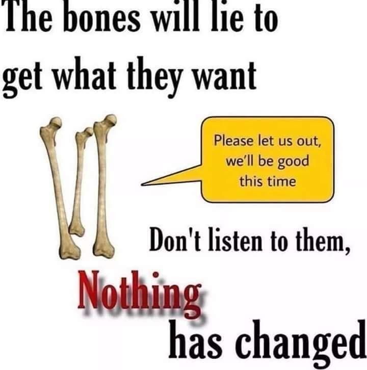 The bones will lie to get what they want
Please let us out, we'll be good this time
Don't listen to them,
Nothing
has changed
