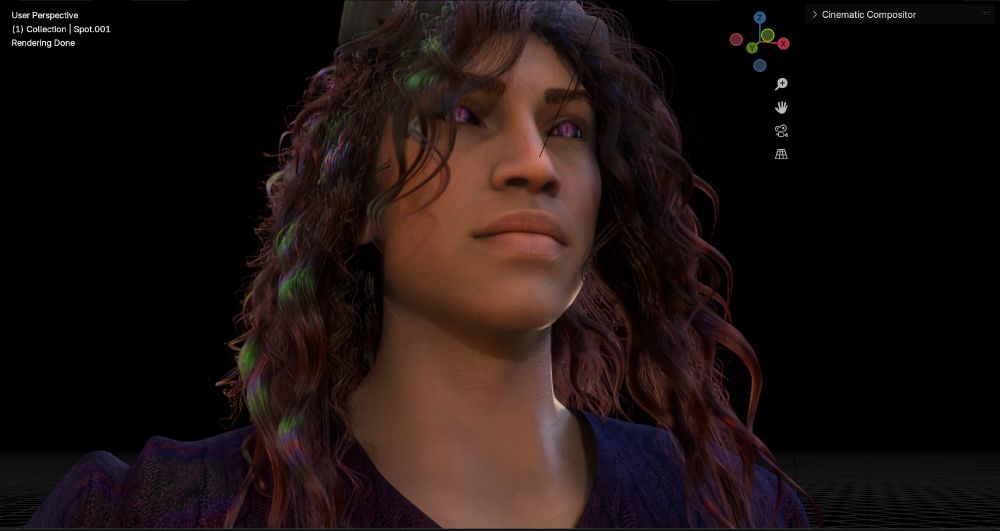 blender rendered viewport of character, testing new hair nodes and Tiny Eye shader for eyes