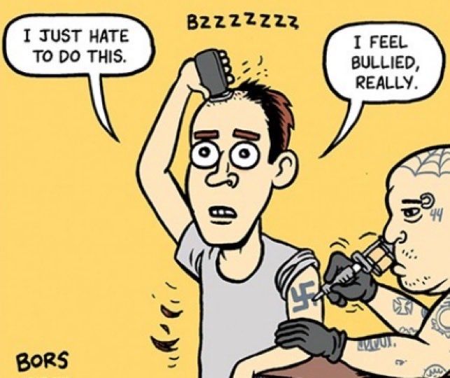 The guy shaving his head and getting a swastika tattoo, saying he hates to do this and he feels bullied.