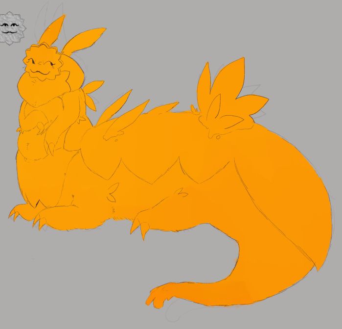 orange nudibranch-eque creature with a sun for a head and a body that is just a combination of various animals (mostly a tegu and some other things i cant really point out)