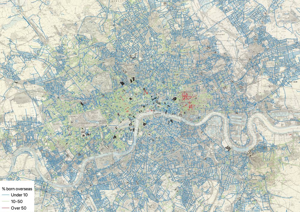 Map of London in 1901 showing percentage of people born overseas by street.