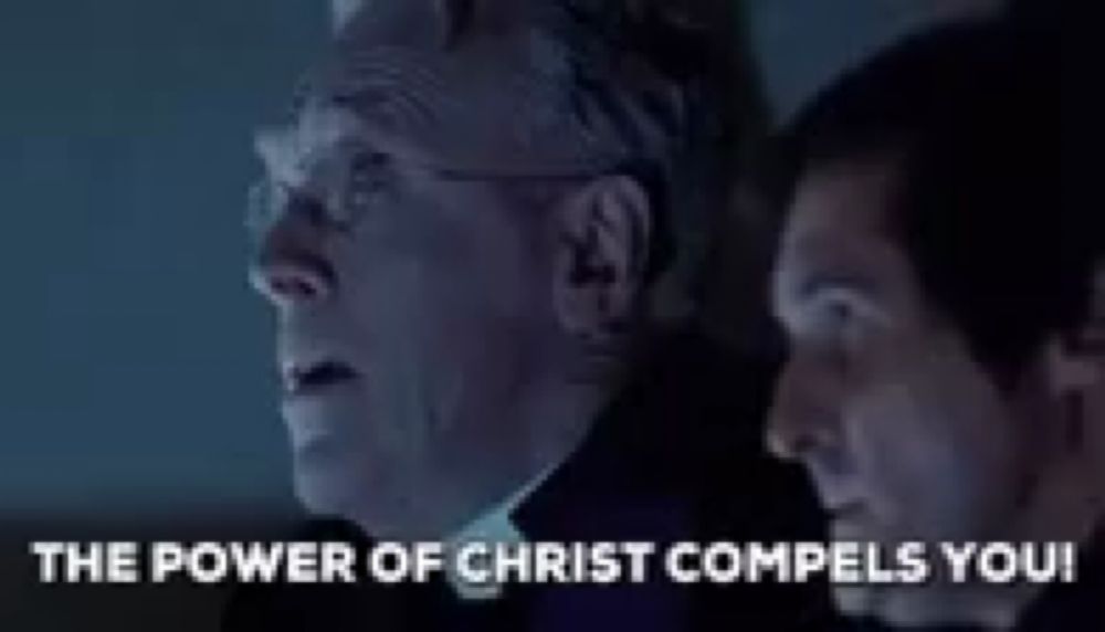 two men standing next to each other with the words the power of christ compels you on the bottom