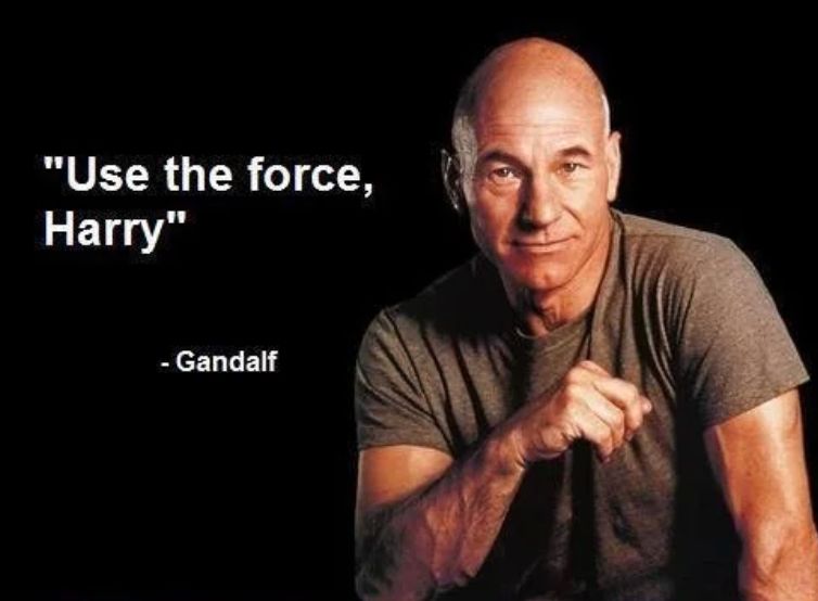 pic of Patrick Stewart (Jean Luc Picard from Star Trek), with text reading ‘Use the Force Harry’
credited to Gandalf.