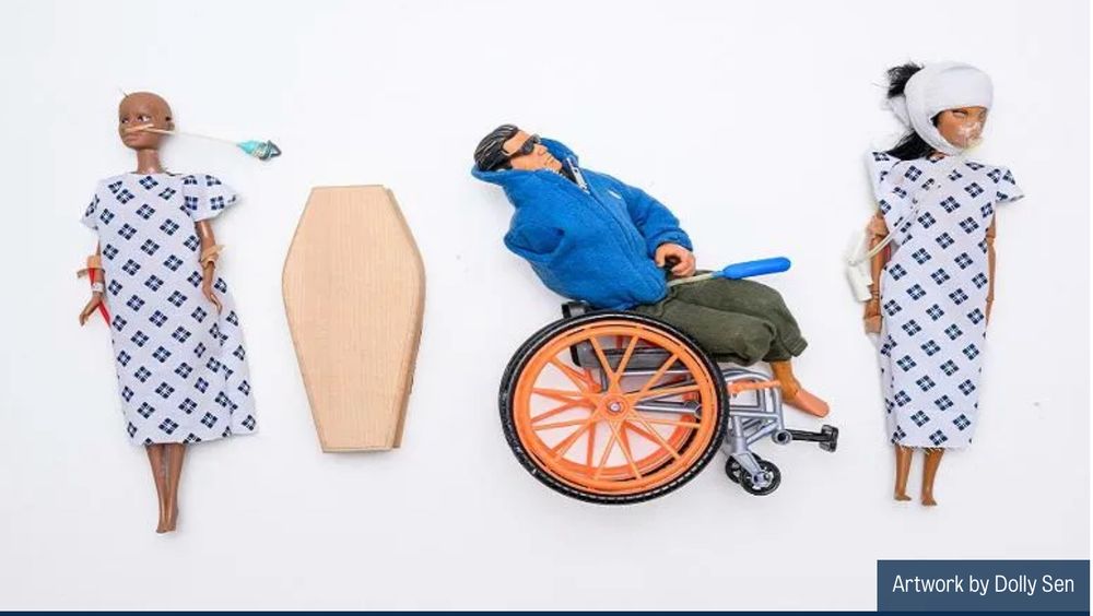 In 2023, Dolly made a series of DWP 'Fit for Work' Dolls. The doll boxes are in the colour of the Jobcentre logo, green and yellow, a branding not of corporate identity but a branding holding disabled pain. Each box has a different kind of doll to show who the DWP have declared 'fit for work', including people in comas, people with multiple health conditions, terminally ill people and people driven to suicide by the DWP. On the back of each box is a list of names of actual humans who have died in those circumstances. Dolly writes, “I wonder why we don't give children toys to show what their government is like”.