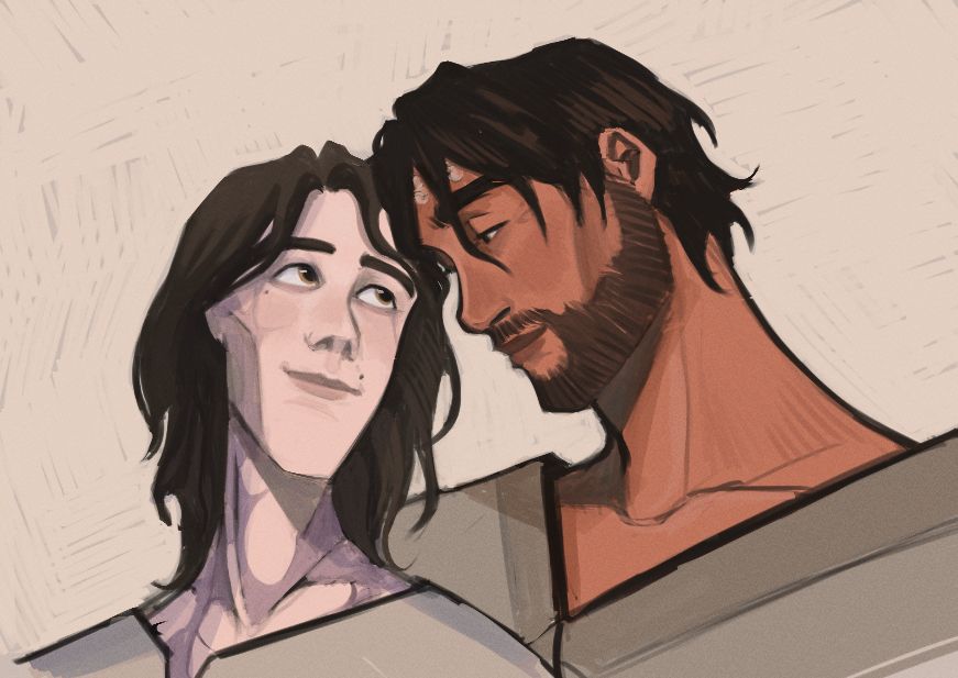 colored sketch of jayce and viktor post canon looking at each other fondly